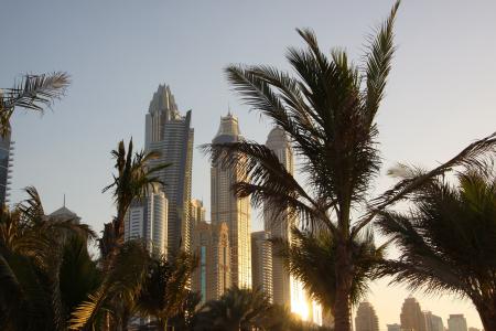 迪拜, 摩天大楼, 日落, 夏季, 温暖, 迪拜码头, 城市