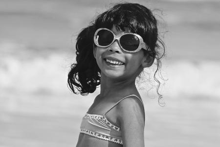 女孩, 海滩, 夏季, 度假, 乐趣, 黑色和白色, 太阳镜