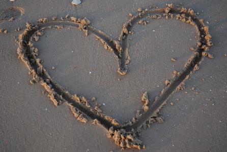 心, 沙子, 壳, 海滩, 爱