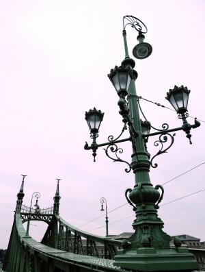 布达佩斯, 桥梁, 冬天, 绿色, 天空灯, 金属, 观点
