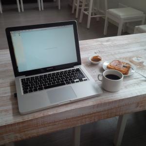 咖啡, 面包, 计算机, 早餐, 笔记本电脑, 表, 咖啡-饮料