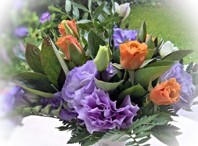 插花, 紫蓝色和白色的海葵, 橙色玫瑰, 花束, 夏季, 植物, 美丽