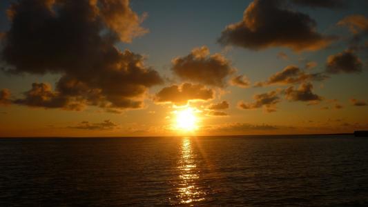日落, 海, 景观