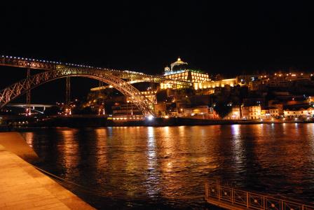 波尔图, 葡萄牙, 桥梁, 晚上, 河, 灯