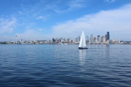 西雅图, 天际线, 帆船, 城市, 水, 蓝色, 全景