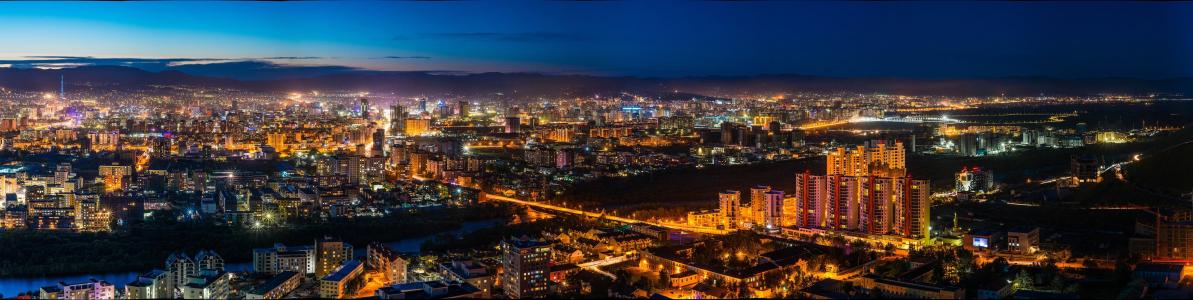 夜景, 乌兰巴托东部, 蒙古, 城市之光, 霞光, 全景, 照明