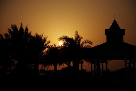 日落, 亭子, 棕榈树, 傍晚的天空, 海滩, 心情, 气氛