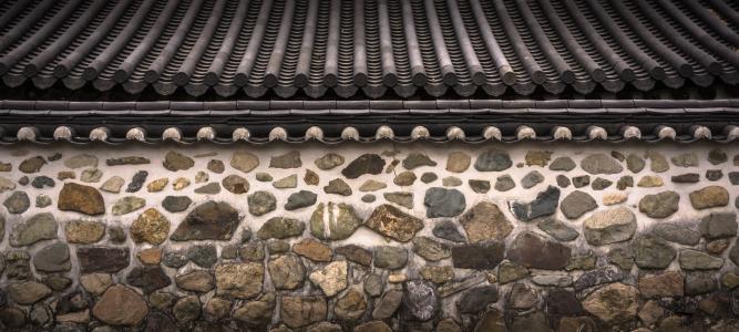 屋面瓦, 石头墙, 韩, 传统, 模式, 纹理, 野生