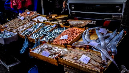 鱼, 食品, 市场, 出售, 海鲜, 失速, 街道