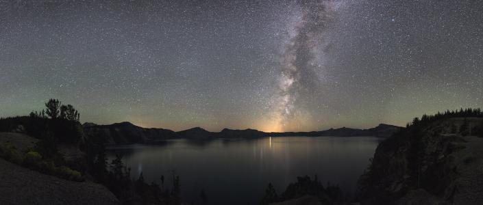 银河, 晚上, 景观, 剪影, 火山口湖国家公园, 俄勒冈州, 美国