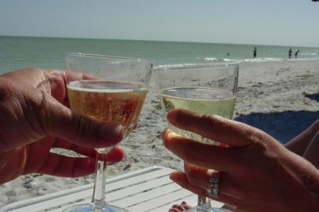 香槟, 海滩, 沙子, 吐司, 爱, 婚姻, 蜜月