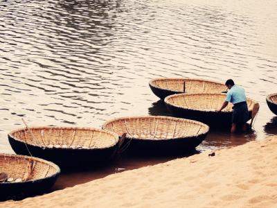 小船, 印度, 农村, 简单, 篮子, 编织, 河