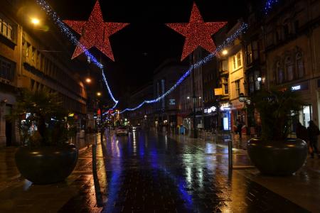 高街, 卡迪夫, 晚上, 下着雨, 2016新年, 几点思考, 道路