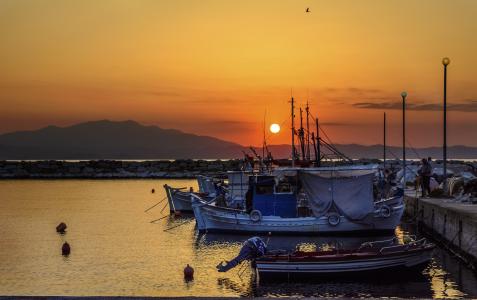 希腊, 萨索斯岛, 日落, 小船, 海, 太阳, 浪漫