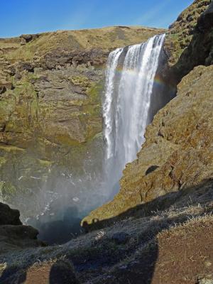 瀑布, 山, 彩虹, 冰岛, 岩石, 流量