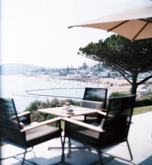 寒意, 放松, 咖啡, 椅子, 表, 雨伞, 海滩