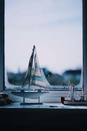 两个, 白色, 蓝色, 帆船, 微型, 窗口, 模型