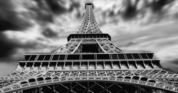 建筑, 黑白, 埃菲尔铁塔, 具有里程碑意义, 低角度拍摄, 巴黎, 观点