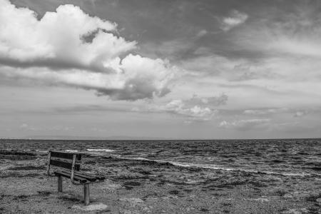 板凳, 海滩, 海, 天空, 云彩, 风光, 地平线