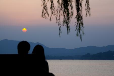 杭州, 中国, 湖, 日落, 夫妇, 地平线, 浪漫
