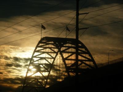 弗里蒙特桥, 桥梁, 波特兰, 日落, 太阳, 云彩, 暮光之城