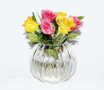 花瓶, 水晶花瓶, 玫瑰, 黄色, 粉色, 花园, 花