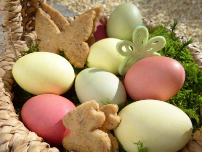 复活节的巢, 复活节彩蛋, 饼干, 饼干, 复活节兔子, 蝴蝶, 青苔