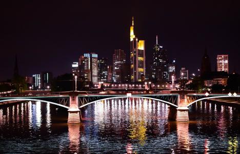 法兰克福, 德国, 晚上, 反思, 桥梁, 主要河, 天际线