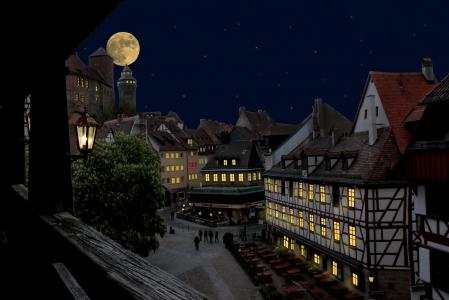 纽伦堡, 城堡, 旧城, 在晚上, 月亮, 灯, 中世纪
