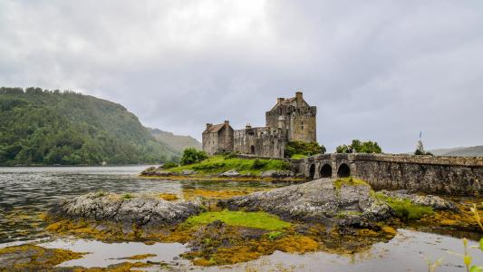 苏格兰, 英格兰, 高地和岛屿, 艾琳多南城堡, 城堡, 老, 阴云密布的天空