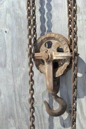 链条葫芦, 链, 滑轮, 钩, 木材, 锈, 古董