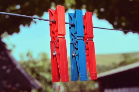 钩子, 洗衣, 电线, 塑料, 染料, 红色, 蓝色