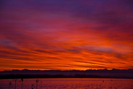 morgenrot, 日出, 太阳, 天空, 明亮的红色, 湖