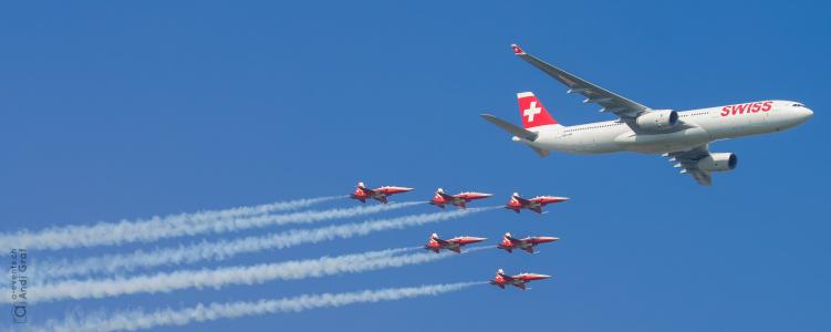 客运飞机, 喷气式战斗机, flugshow, 瑞士航空公司, 瑞士巡逻