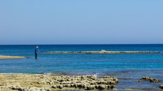 塞浦路斯, 阿依纳帕, 岩质海岸, 渔夫, 宁静, 地平线