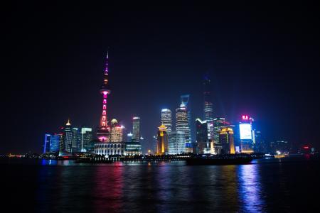 深夜, 上海, 城市, 光, 视图