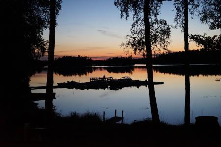 日落, 瑞典, 小船, 傍晚的天空, waldsee, 太阳, 仍