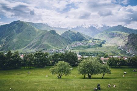芒 kazbek, 风景, 白色的云, 格鲁吉亚, 山村, 景观