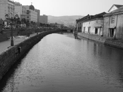 运河, 樽运河, 黑色和白色, 日本, 北海道, 樽, 河