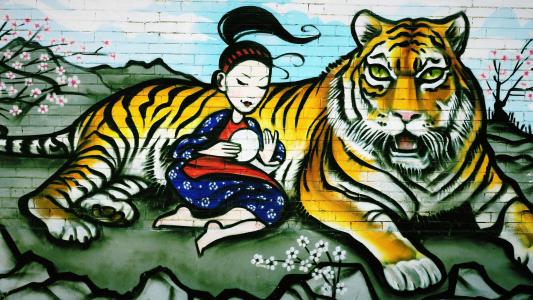 涂鸦, 老虎, 女孩, 油漆, 墙上, 喷雾, 动物
