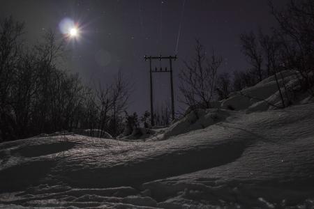 晚上, 月亮, 雪, 北极光, 挪威