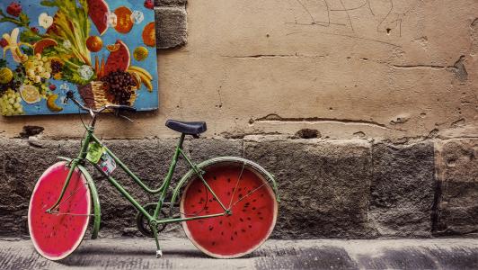 自行车, 自行车, 砖, 经典, 混凝土, 水果, 老