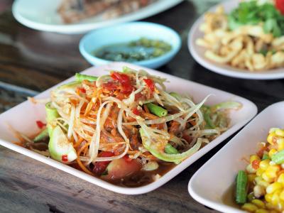 木瓜沙拉, 伊桑食品, 泰国食品, 餐桌, 吃