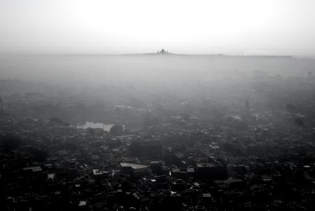 空中, 视图, 房屋, 城市, 黑色和白色, 放大, 雾