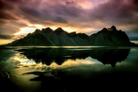 冰岛, 岩石, 山脉, 日落, 黄昏, 天空, 云彩