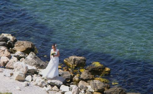 新娘, 婚礼, 白色, 假日, 海, 海岸, 岩石