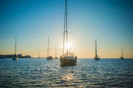 伊维萨岛, 日落, 游艇, 海, 蓝色, 帆船, 航海的船只