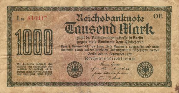 纸币, 钞票, 银行纸币, 帝国钞票, 德国帝国, 1922, 老