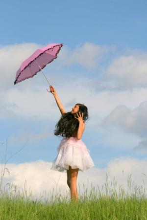 女孩, 雨伞, 公主, 飞行, 粉色, 草, 天空