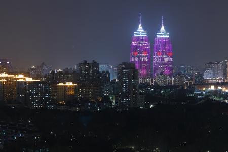 城市, 视图, 双床, 塔, 上海, 晚上, 光